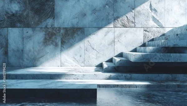 Fototapeta Empty stone steps and platform against a tiled wall.