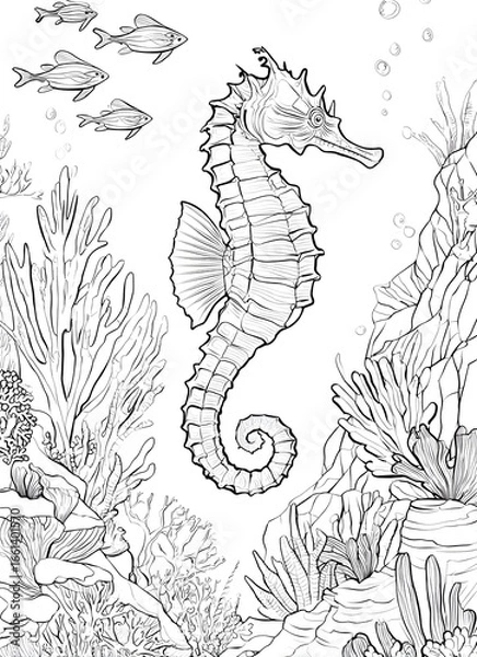 Fototapeta Seahorse in the ocean with corals and bubbles coloring page