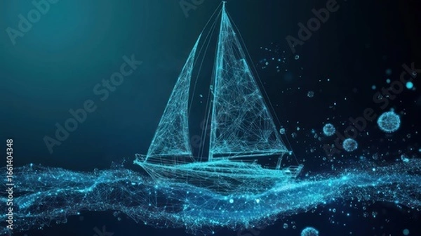 Fototapeta Abstract polygonal sailboat sailing on digital ocean waves.