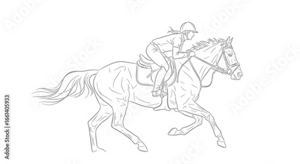 Fototapeta Line art illustration of a horse and rider in motion, galloping with the rider leaning forward in a racing posture.