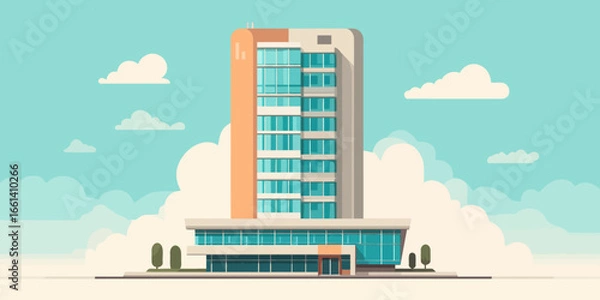 Obraz Modern high-rise office building with a two-tone orange and beige facade and a wide glass ground floor.