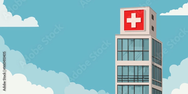 Fototapeta Tall modern hospital building with a red cross sign and large glass windows. Vector illustration of a medical clinic exterior.