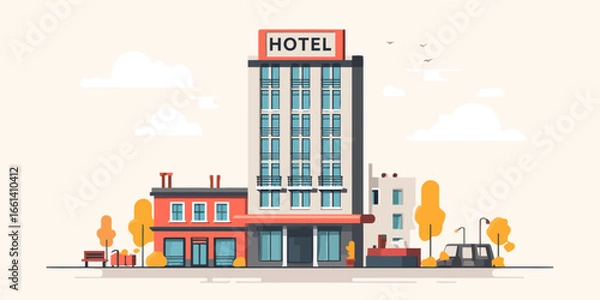 Obraz Flat design illustration of a city street with a modern hotel building, autumn trees, and a car.