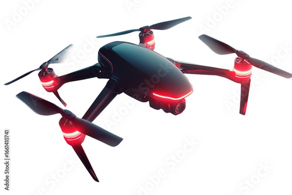 Fototapeta Drone with illuminated features flying mid-air isolated on transparent background