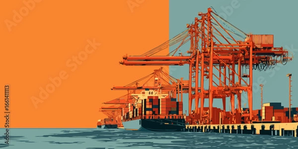 Fototapeta Stylized graphic illustration of a container ship and orange gantry cranes at a commercial dock.