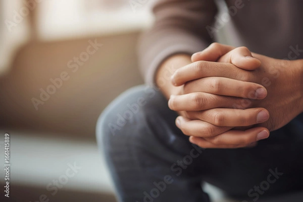 Obraz 不安や緊張を抱える若者の手元のクローズアップ