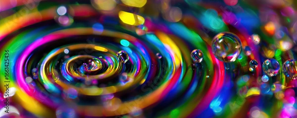 Fototapeta Vibrant water droplets creating colorful ripples on a reflective surface during a close-up photography session