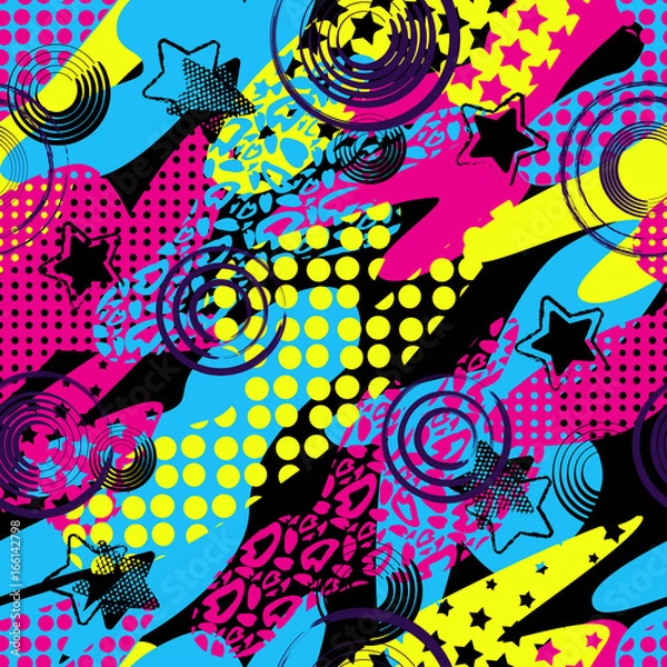 Fototapeta Abstract seamless pattern for girls,boys.Creative vector background with hearts, triangle, stars.Funny wallpaper for textile and fabric.Fashion style.Colorful bright Pink, yellow, blue