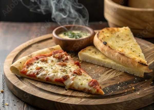 Obraz pizza slice on rustic tray with garlic bread piece