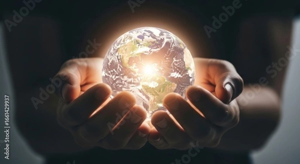 Fototapeta A Fragile, Glowing Earth Cradled Gently in Human Hands