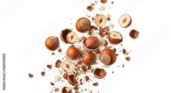 Fototapeta Dynamic Burst of Cracked and Whole Hazelnuts Isolated on White