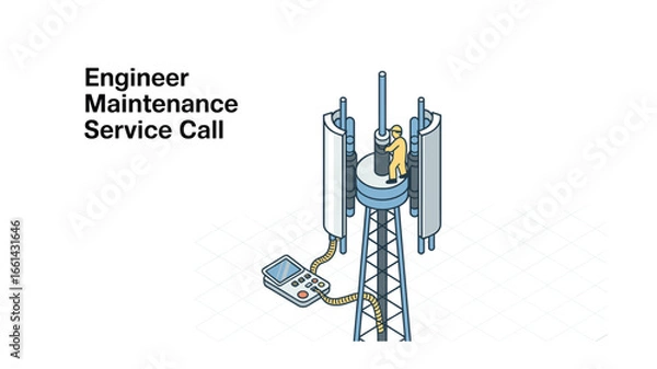 Fototapeta Cell Tower Maintenance: Engineer Inspecting Telecommunications Equipment, Ensuring Network Performance and Signal Strength, Working at Height with Precision Tools and Safety Gear