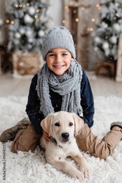 Fototapeta young boy and his playful puppy are filled with wonder as they admire magical winter landscape