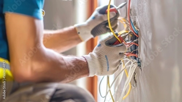 Fototapeta "Electrician Installing Smart Home Wiring Inside Wall"