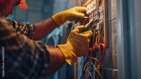Fototapeta "Electrician Installing Smart Home Wiring Inside Wall"
