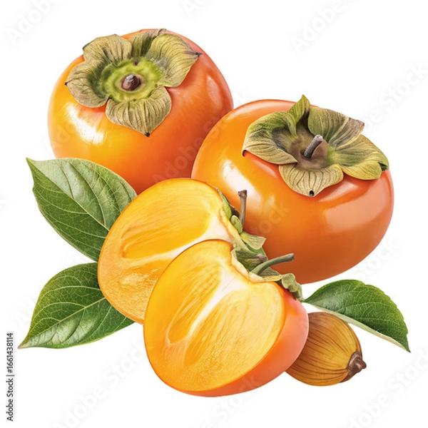 Obraz Ripe persimmons close-up fruit image PNG transparent background sweet juicy orange persimmons isolated nature fresh ripe fruit illustration PNG design food art organic healthy diet render