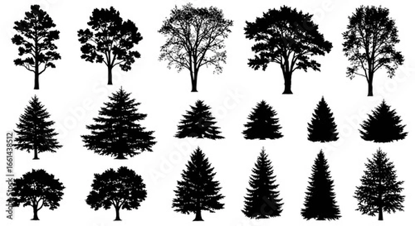 Fototapeta Collection of diverse tree silhouettes perfect for design projects, adding a natural element