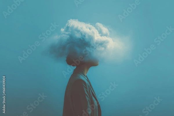 Obraz Woman head hidden by soft cloud on blue background, mental health, brain fog
