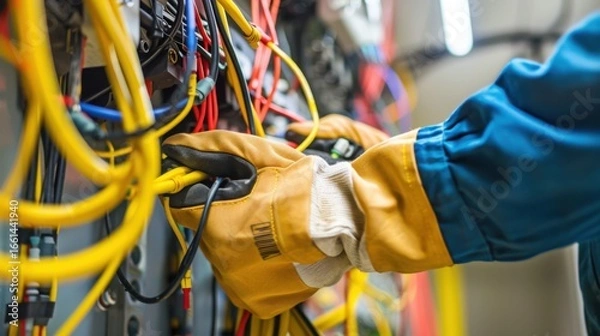 Fototapeta "Electrician Inspecting Power Cable with Safety Gloves"