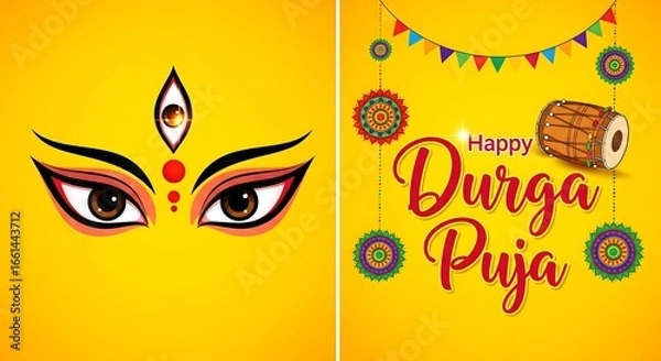 Fototapeta Happy Durga Puja festival greeting with Goddess Durga eyes illustration, traditional dhak drum, colorful hanging decorations and festive bunting on yellow background, cultural design for Durga Puja ce