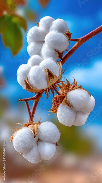 Fototapeta Close-up of ripe cotton bolls growing on a branch against a blurred blue sky, representing a successful harvest season and the potential for textile production