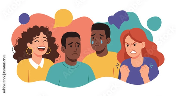 Obraz Diverse group expressing a range of human emotions: joy, sadness, and anger, depicting complex feelings and social interaction.