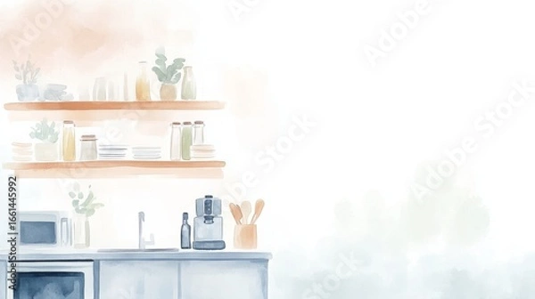 Fototapeta Contemporary Kitchen Design, vibrant watercolor depiction, sleek appliances, minimalist white backdrop, modern functionality, inviting atmosphere
