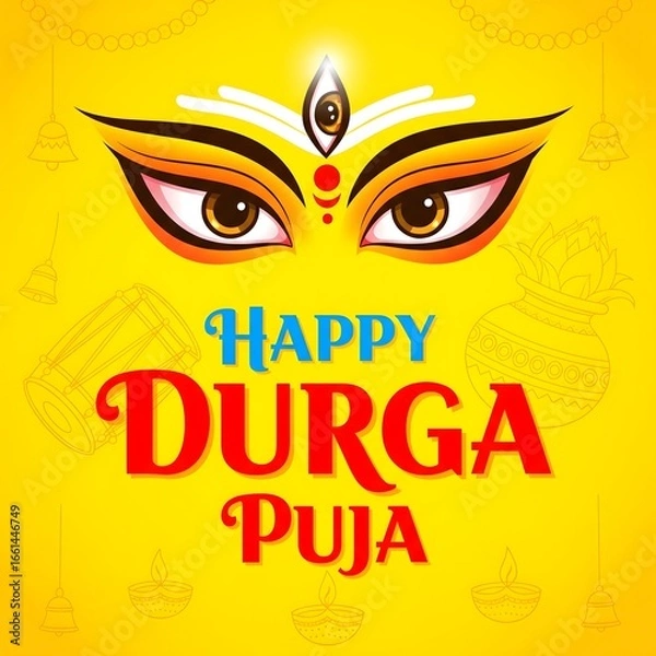 Fototapeta Happy Durga Puja festival greeting card with Goddess Durga eyes illustration, third eye, bindi and divine symbols on bright yellow background, spiritual design for Durga Puja celebration and devotion