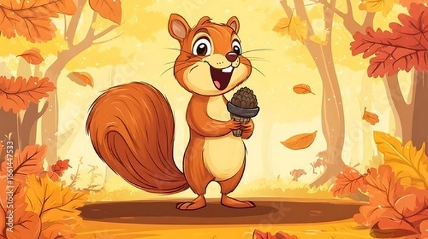Fototapeta Squirrel holding acorn autumn forest scene