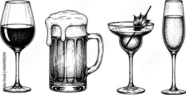 Obraz Set of sketched silhouettes La dolce vita italian sicily Amalfi style. Hand drawn ink line wine, beer, cocktail or champagne drawings. Sketch style bar or party Illustrations for wedding invitations, 