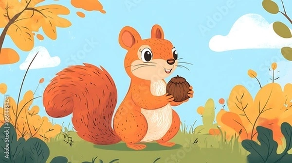 Fototapeta Squirrel holding nut autumn illustration