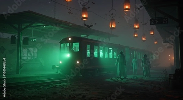 Obraz A foggy abandoned train station at night, where a glowing ghostly train arrives with eerie green lights.