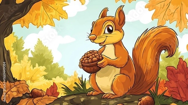 Obraz Squirrel holding nut autumn scene