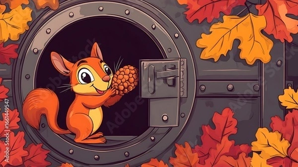 Fototapeta Squirrel holding nut in autumnal setting