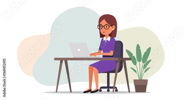 Fototapeta Professional woman in glasses works focused on her laptop at a desk. Represents remote work, business productivity, and digital lifestyle.