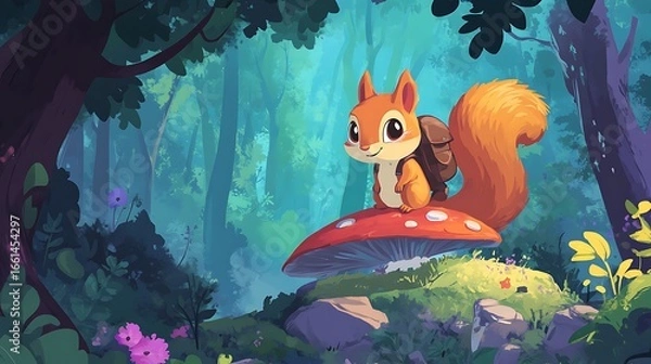 Fototapeta Squirrel on mushroom in forest