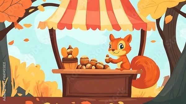 Obraz Squirrel selling acorns in autumnal stall