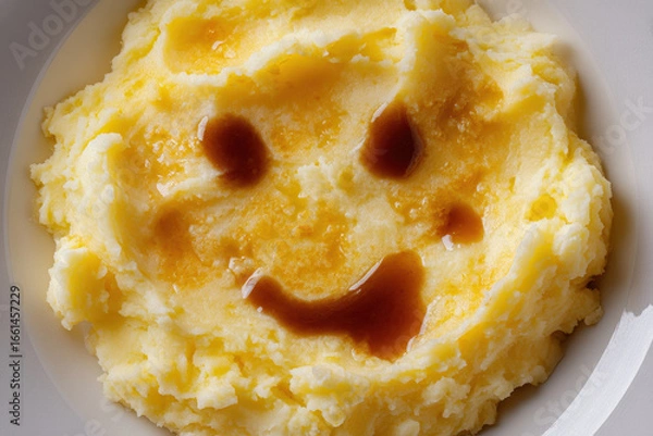 Fototapeta Mashed potatoes with whimsical gravy smile create playful expression