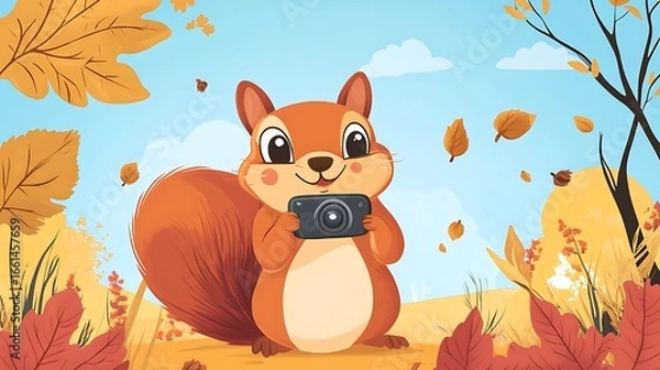 Fototapeta Squirrel taking photograph autumn scene