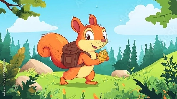 Fototapeta Squirrel with backpack in forest landscape