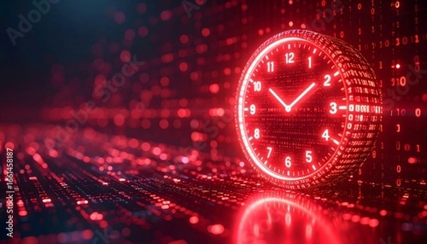 Fototapeta A glowing red digital clock made of binary code floats in a futuristic data stream, symbolizing an urgent deadline or a digital time bomb.