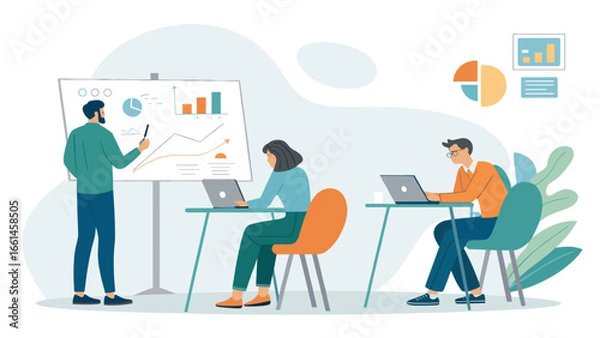 Obraz Business professionals analyze growth data during a presentation in a modern office setting, fostering teamwork and strategic planning.