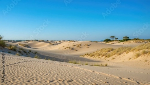 Fototapeta “A serene natural background of rolling sand dunes with patches of grass and a few scattered trees, under a clear blue horizon.”
