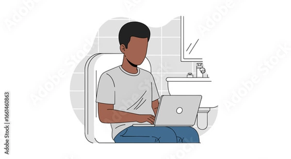 Fototapeta African American man works on a laptop while sitting on the toilet, depicting remote work, multitasking, and modern digital life.