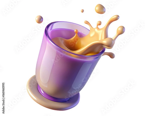 Fototapeta Modern purple glass with splashing caramel creamy liquid delight and smooth flow 3d illustration isolated on transparent background