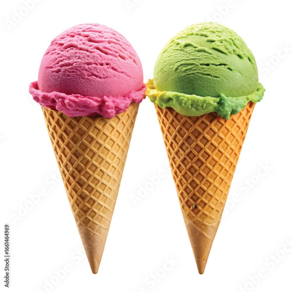 Fototapeta Duo Ice Cream Cones: Two colorful ice cream cones side by side, sharp delicious details, PNG format