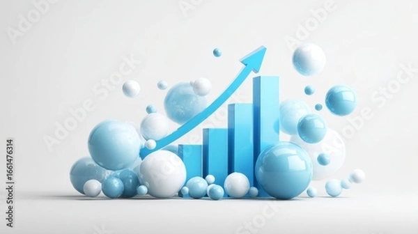 Obraz Abstract business growth concept with 3d bar chart, blue upward arrow, and floating digital spheres on white background for corporate strategy, financial success, and investment visualization