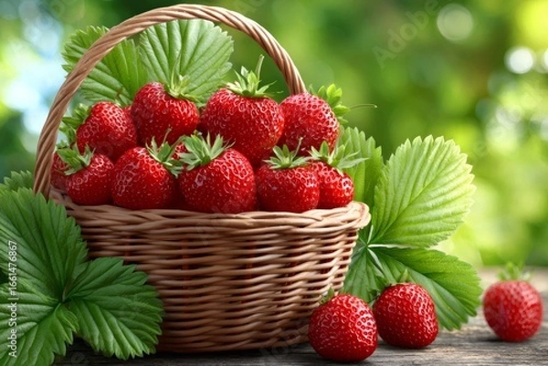 Obraz Fresh strawberries overflowing from wicker basket on rustic table
