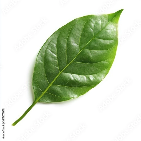 Obraz Vibrant green leaf, oval shape, smooth texture, isolated on white background