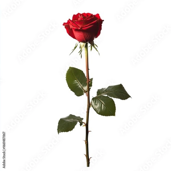 Fototapeta Single, vibrant red rose with dark green leaves on a long stem against a plain white background